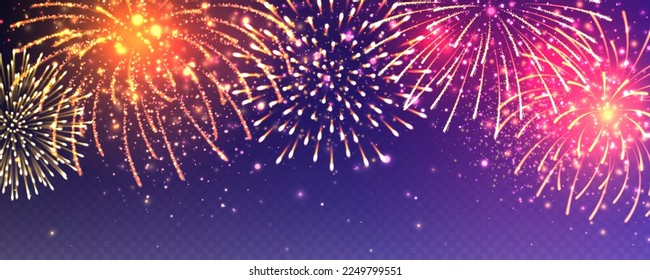Realistic festive fireworks with transparency effect. Colorful explosion with bright sparks. Christmas or New Year greeting card design element. Diwali festival of lights. Vector illustration