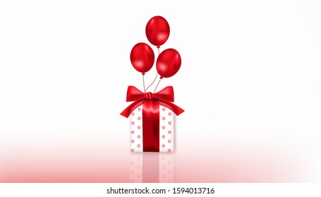 Realistic festive gift box with balloon background