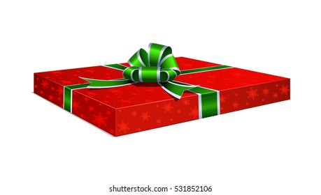 Realistic festive gift package red with snowflakes texture on a transparent background. Tied with a green ribbon with a bow on top.