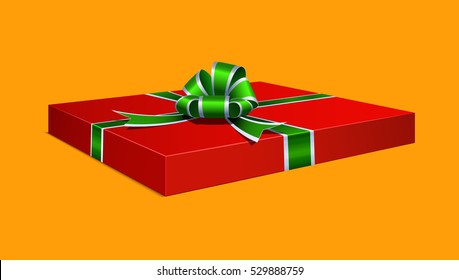 Realistic festive gift wrapping red on an orange background. Tied with a green ribbon with a bow on top.