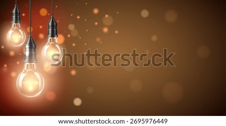 Realistic festive warm background with retro style light bulbs on strings and blurred highlights. Bokeh sparkles. Cozy interior. Home illumination. Loft decor. Ceiling lightbulbs glow. Vector backdrop