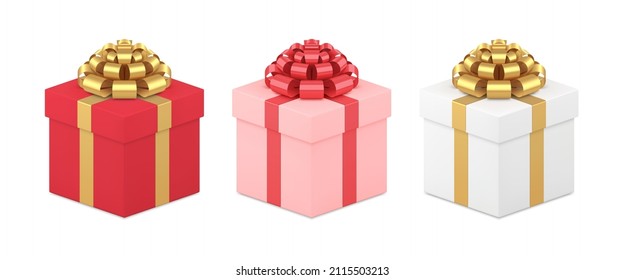 Caja de regalo realista envuelto con arco metálico con ilustración vectorial. Cartel de vacaciones de colección con presentes dentro de felicitaciones Año Nuevo, Navidad, cumpleaños aislado en blanco