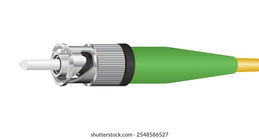 Cabo de fibra óptica realista com conector ST APC em fundo branco. ilustração vetorial EPS 10.