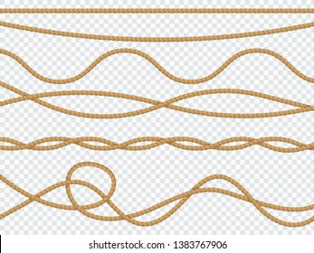 Realistic Fiber Ropes. Curve Rope Nautical Cord Straight Lasso Marine Border Brown Jute Twine Natural Tied Packthread. Vector 3d Decor