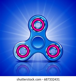 Realistic fidget spinner. Stress relieving toy. Trendy hand spinning machine. Hand spinner on a bright background. Blue fidget spinner toy. Vector illustration. Vector illustration.