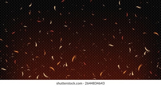 Realistic fiery background with glowing flames embers and flying sparks. Dark burnt texture with smoke and heat effects. Industrial style bonfire and coal elements. Dramatic vector illustration.