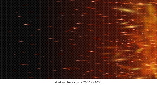 Realistic fiery background with glowing flames, embers and flying sparks. Dark burnt texture with smoke, ash and metal elements. Dramatic posters or hot themed vector illustrations background.
