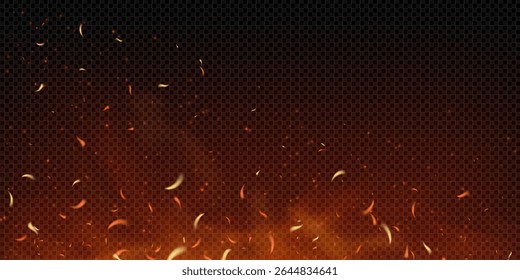 Realistic fiery background with sparks, embers and smoke rising from burning wood. Hot flames glow in orange and red. Danger, apocalypse or industrial explosion theme bg. Vector illustration