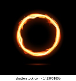 Realistic Fiery Circle. Round Neon Frame. Fire Burning Ring. Magic Gold Circle Light. Vector Template Illustration