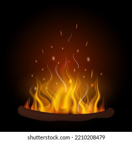 Realistic fiery flame. Fire bonfire, bright small and large fire elements. Vector illustration.