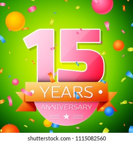 Realistic Fifteen Years Anniversary Celebration Design. Pink numbers and golden ribbon, confetti on green background. Colorful Vector template elements for your birthday party