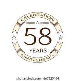 Realistic fifty eight years anniversary celebration logo with ring and ribbon on white background. Vector template for your design