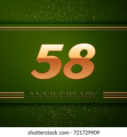 Realistic Fifty eight Years Anniversary Celebration Logotype. Golden numbers and golden confetti on green background. Colorful Vector template elements for your birthday party