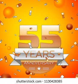 Realistic Fifty five Years Anniversary Celebration design banner. Gold numbers and silver ribbon, balloons, confetti on orange background. Colorful Vector template elements for your birthday party