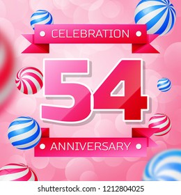 Realistic Fifty four Years Anniversary Celebration design banner. Gold numbers and blue ribbons, balloons on blue background. Colorful Vector template elements for your birthday party