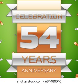 Realistic Fifty four Years Anniversary Celebration Design. Silver and golden ribbon, confetti on green background. Colorful Vector template elements for your birthday party. Anniversary ribbon