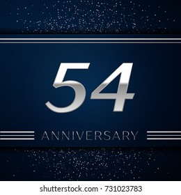 Realistic Fifty four Years Anniversary Celebration Logotype. Silver numbers and silver confetti on blue background. Colorful Vector template elements for your birthday party