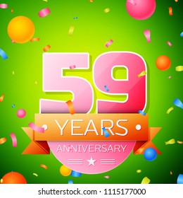 Realistic Fifty nine Years Anniversary Celebration Design. Pink numbers and golden ribbon, confetti on green background. Colorful Vector template elements for your birthday party