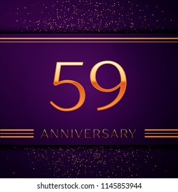 Realistic Fifty nine Years Anniversary Celebration design banner. Golden number and confetti on purple background. Colorful Vector template elements for your birthday party