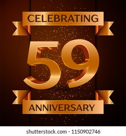 Realistic Fifty nine Years Anniversary Celebration design banner. Golden number, confetti and ribbon on brown background. Colorful Vector template elements for your birthday party