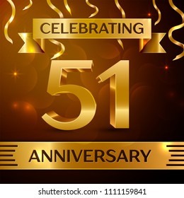 Realistic Fifty one Years Anniversary Celebration Design. Golden confetti and gold ribbon on brown background. Colorful Vector template elements for your birthday party