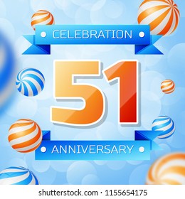 Realistic Fifty one Years Anniversary Celebration design banner. Gold numbers and blue ribbons, balloons on blue background. Colorful Vector template elements for your birthday party