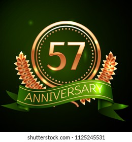 Realistic Fifty seven Years Anniversary Celebration Design with Golden Ring and Laurel Wreath, green ribbon on green background. Colorful Vector template elements for your birthday celebrating party