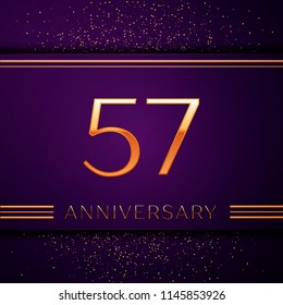 Realistic Fifty seven Years Anniversary Celebration design banner. Golden number and confetti on purple background. Colorful Vector template elements for your birthday party