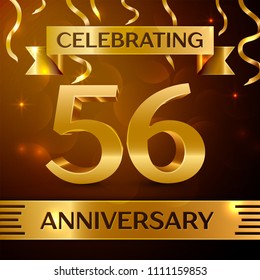 Realistic Fifty six Years Anniversary Celebration Design. Golden confetti and gold ribbon on brown background. Colorful Vector template elements for your birthday party
