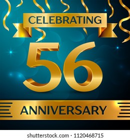 Realistic Fifty six Years Anniversary Celebration Design. Golden confetti and gold ribbon on blue background. Colorful Vector template elements for your birthday party