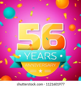 Realistic Fifty six Years Anniversary Celebration design banner. Gold numbers and cyan ribbon, balloons, confetti on pink background. Colorful Vector template elements for your birthday party