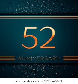 Realistic Fifty two Years Anniversary Celebration design banner. Golden number and confetti on green background. Colorful Vector template elements for your birthday party