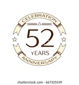 Realistic fifty two years anniversary celebration logo with ring and ribbon on white background. Vector template for your design