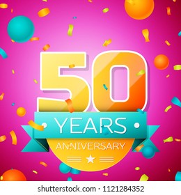 Realistic Fifty Years Anniversary Celebration design banner. Gold numbers and cyan ribbon, balloons, confetti on pink background. Colorful Vector template elements for your birthday party