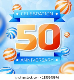 Realistic Fifty Years Anniversary Celebration design banner. Gold numbers and blue ribbons, balloons on blue background. Colorful Vector template elements for your birthday party