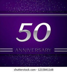 Realistic Fifty Years Anniversary Celebration design banner. Silver number and confetti on purple background. Colorful Vector template elements for your birthday party