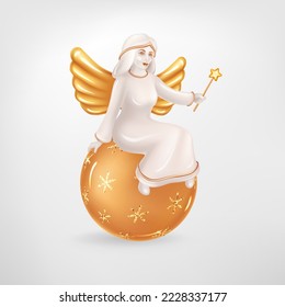 Realistic figurine of Christmas Angel. Lovely Christmas Angel with magic wand sitting on a golden glass ball decorated a snowflakes. Vector 3d illustration. Element for New Years  and Christmas Design