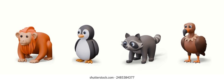 Realistic figurines of wild animals and birds. Uakari, penguin, raccoon, vulture
