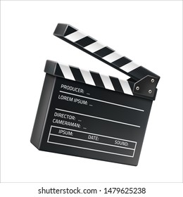 Realistic film clapperboard, video shooting clapboard for movie industry design. Vector action for video recording symbol. Cinematography sign.