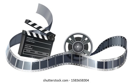 Realistic film reel or bobbin with filmstripe and clipper. Vector movie retro sign. 3d cinema roll for entertainment design.