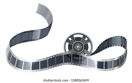 Realistic film reel or bobbin with filmstripe . Vector movie retro sign. 3d cinema roll for entertainment design.