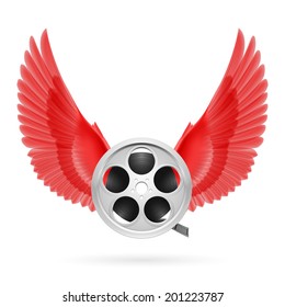 Realistic film reel with red wings emblem