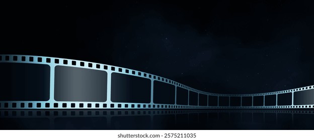 Realistic film stripe wave on blue background with bright stars. Modern Cinema Background. 3d isometric film reel in perspective. Design template for cinema festival, banner, poster, advertisement.