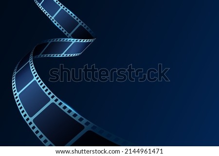 Realistic film stripe wave on blue background with place for text. Modern 3d isometric film strip in perspective. Cinema Background with film reel. Design template cinema festival banner, poster.