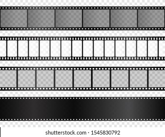 Realistic film strips collection on transparent background. Old retro cinema strip. Vector photo frame.