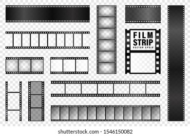 Realistic film strips collection on transparent background. Old retro cinema strip. Vector photo frame.