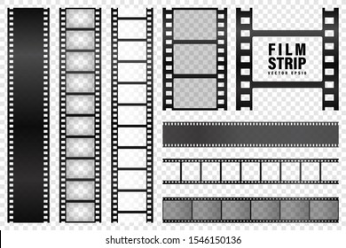 Realistic film strips collection on transparent background. Old retro cinema strip. Vector photo frame.