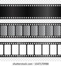 Realistic film strips collection on transparent background. Old retro cinema strip. Vector photo frame.