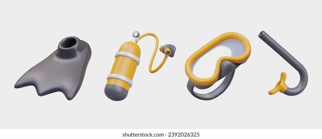 Realistic fin, glasses, breathing mask, and aqualung with tube composition on gray background. Undersea excursion. Vector illustration in 3d style in black and yellow color