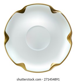Realistic fine china white saucer with gold rim in a shape of flower on white background